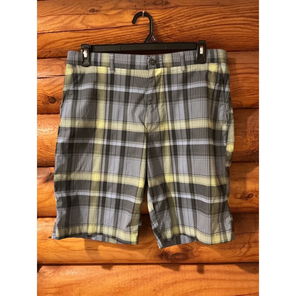 PGA Tour Mens Plaid Golf Shorts Blue Grey Lime Green Size 34 Flat Front